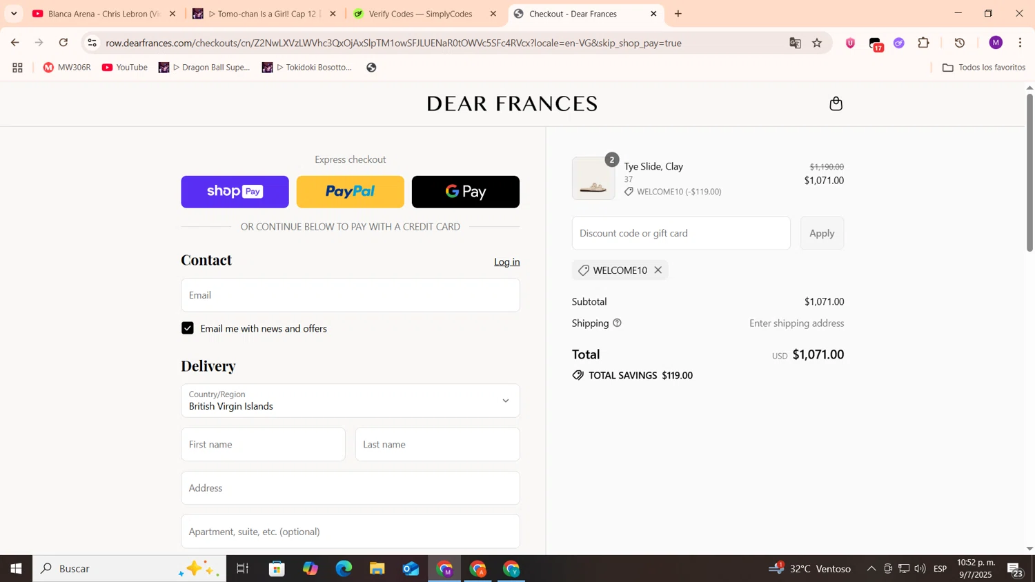 Dear Frances discount code screenshot showing code welcome10 applied at Dear Frances checkout page. Uploaded by SimplyCodes community member cod_gakpo on Jul 10, 2025
