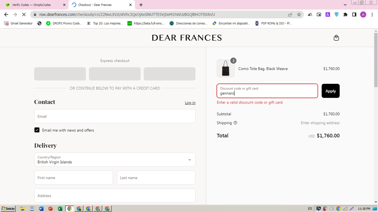 Dear Frances discount code screenshot showing code gennaro applied at Dear Frances checkout page. Uploaded by SimplyCodes community member ARCANGEL on Apr 27, 2025