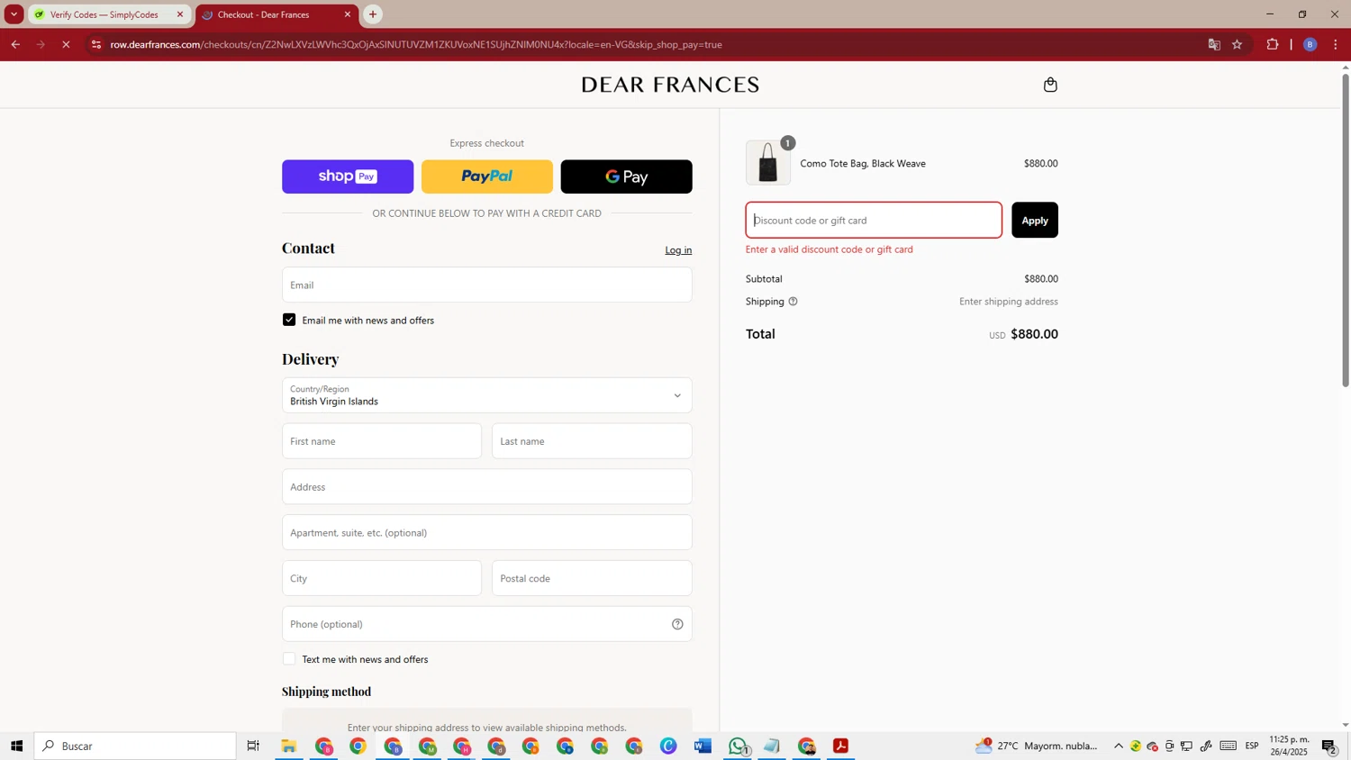 Dear Frances discount code screenshot showing code gennaro applied at Dear Frances checkout page. Uploaded by SimplyCodes community member TokenSentinel5304 on Apr 27, 2025