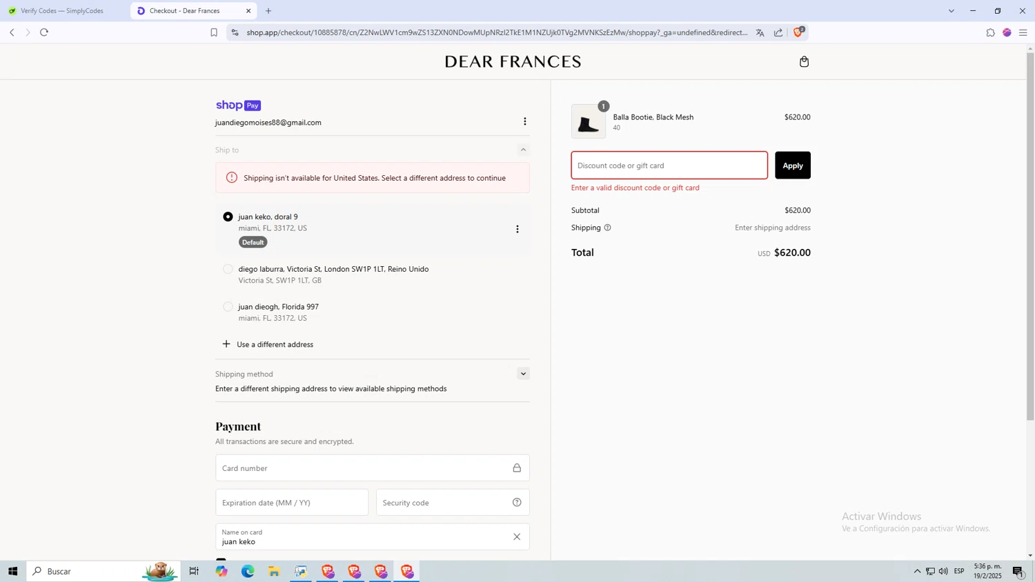 Dear Frances discount code screenshot showing code DAY applied at Dear Frances checkout page. Uploaded by SimplyCodes community member tumarido on Feb 19, 2025