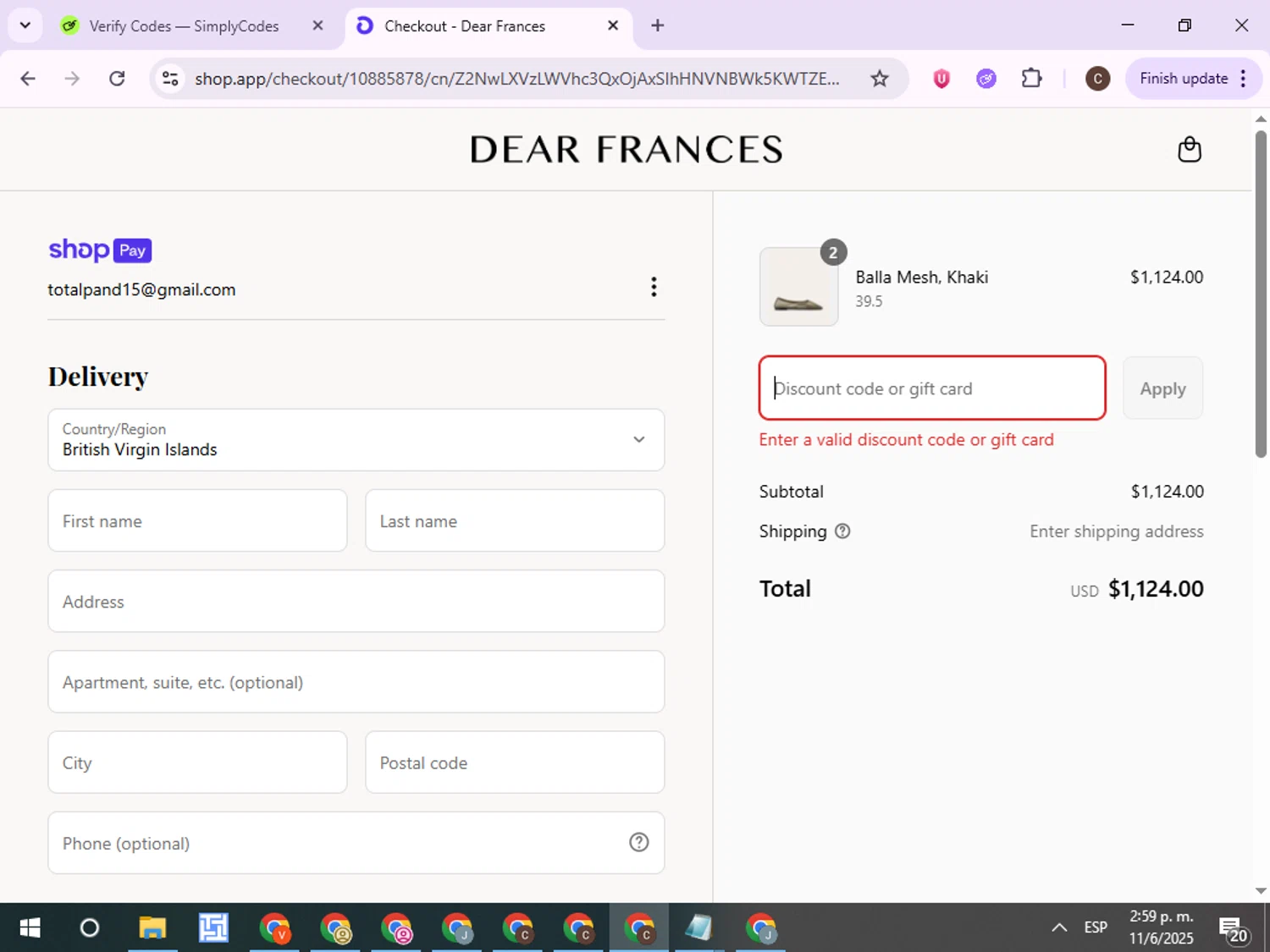Dear Frances discount code screenshot showing code Sale applied at Dear Frances checkout page. Uploaded by SimplyCodes community member ExtraordinaryPro8536 on Jun 11, 2025