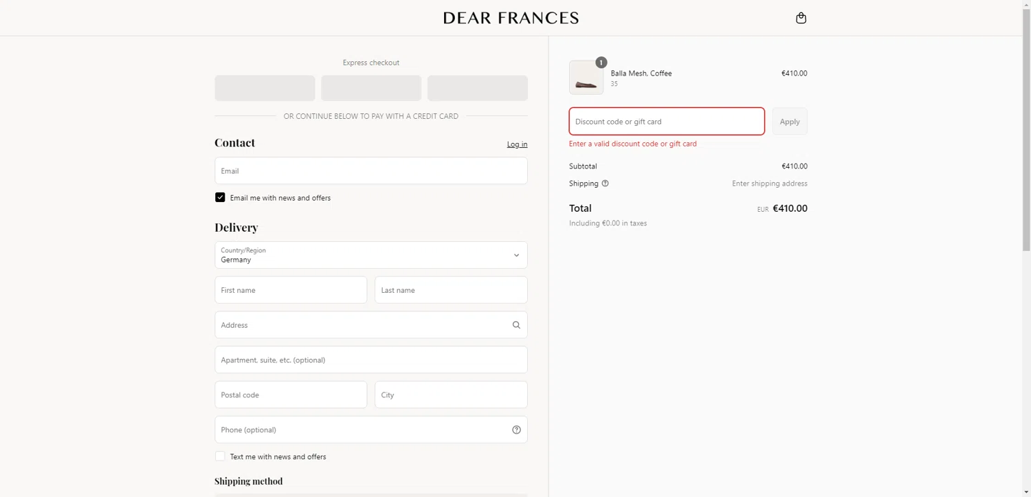 Dear Frances discount code screenshot showing code Sale applied at Dear Frances checkout page. Uploaded by SimplyCodes community member PennyRanger8219 on Jun 11, 2025