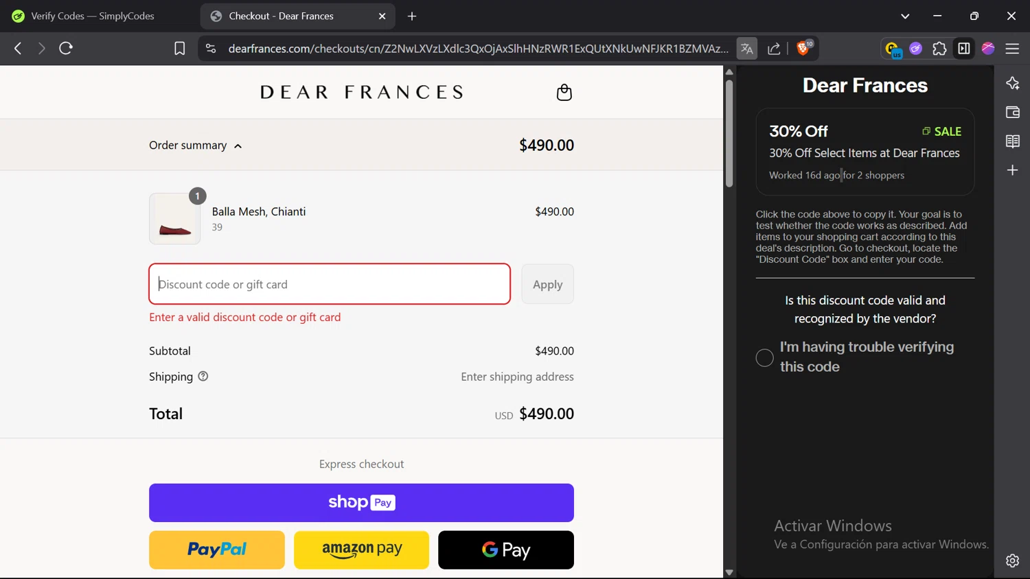 Dear Frances discount code screenshot showing code Sale applied at Dear Frances checkout page. Uploaded by SimplyCodes community member lesliechaow on Jun 11, 2025
