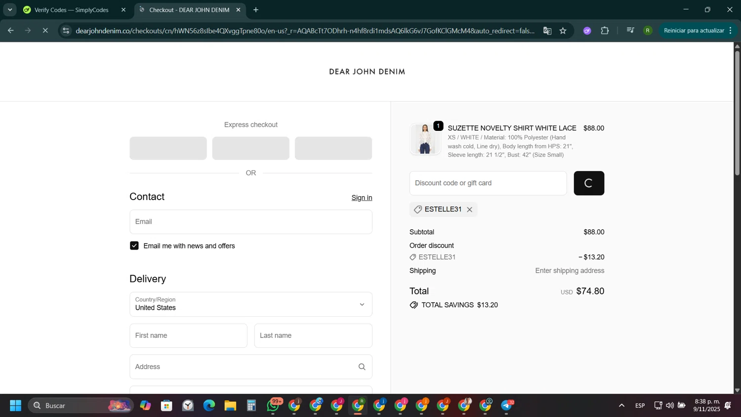 Dear John Denim promo code screenshot showing code ESTELLE31 applied at Dear John Denim checkout page. Uploaded by SimplyCodes community member ValiantCaptain1358 on Nov 10, 2025