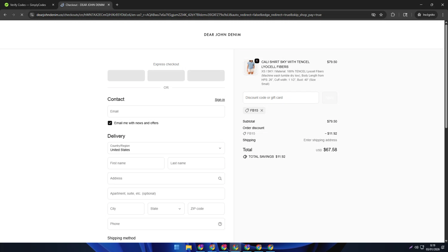 Dear John Denim promo code screenshot showing code FB15 applied at Dear John Denim checkout page. Uploaded by SimplyCodes community member AVATIGRITO on Jan 3, 2026