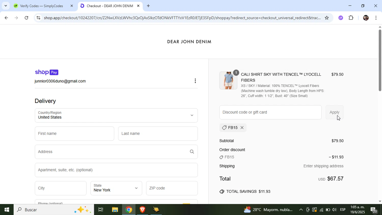 Dear John Denim promo code screenshot showing code FB15 applied at Dear John Denim checkout page. Uploaded by SimplyCodes community member Junniorduno on Jun 19, 2025