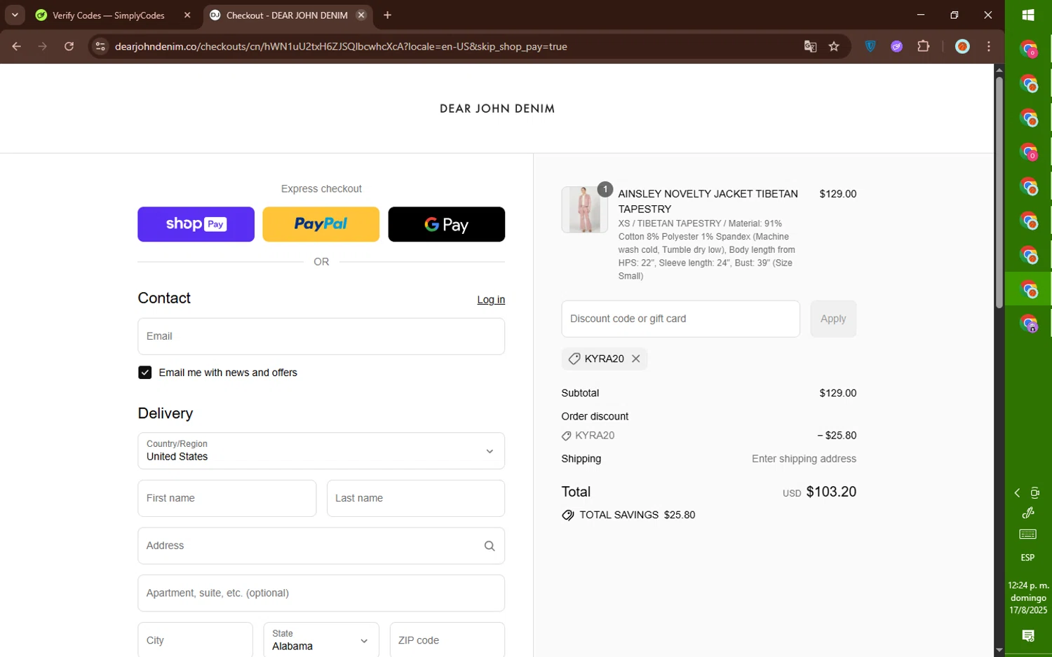 Dear John Denim promo code screenshot showing code KYRA20 applied at Dear John Denim checkout page. Uploaded by SimplyCodes community member DealElite4728 on Aug 17, 2025