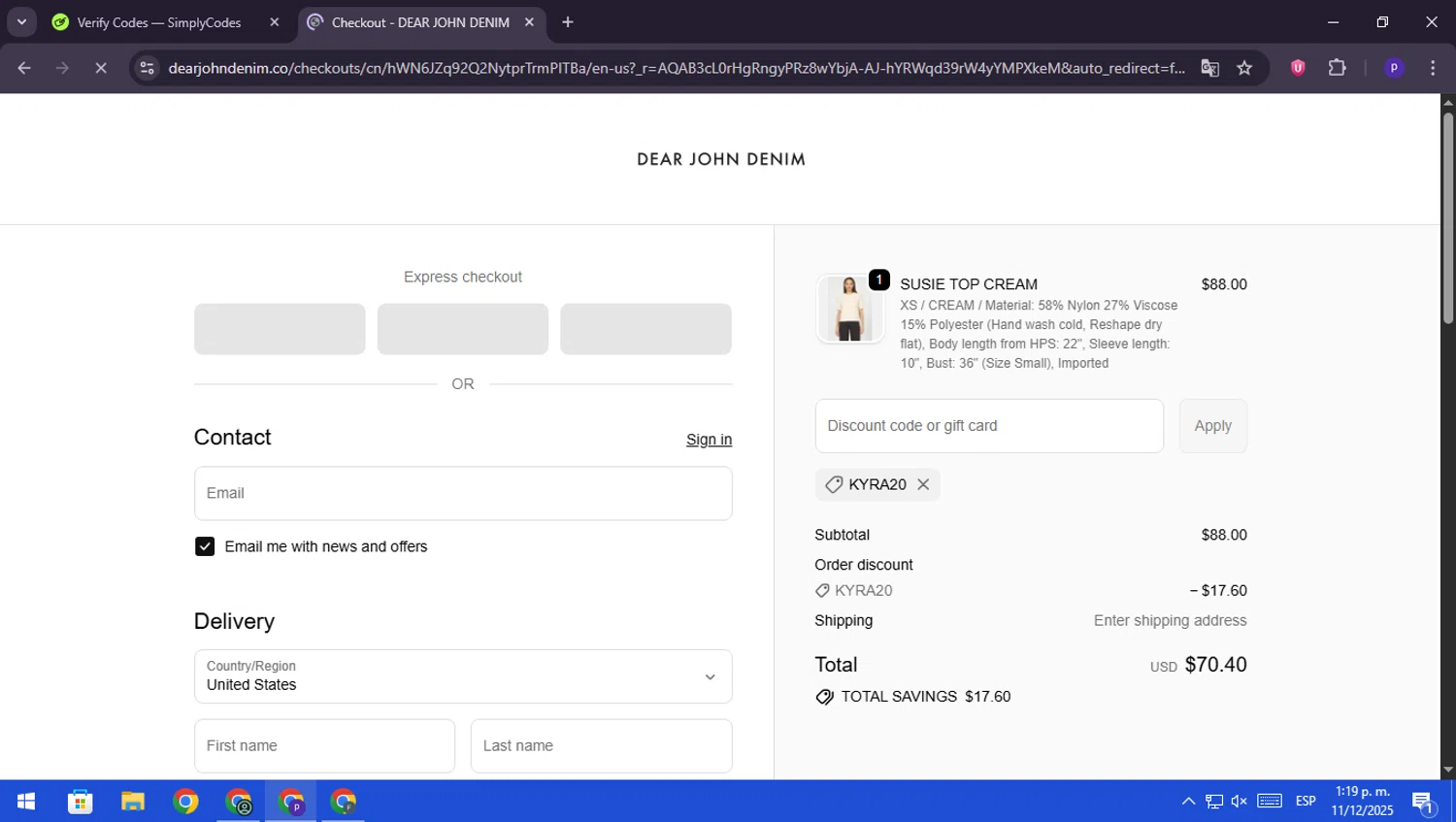 Dear John Denim promo code screenshot showing code KYRA20 applied at Dear John Denim checkout page. Uploaded by SimplyCodes community member RebateScout6612 on Dec 11, 2025