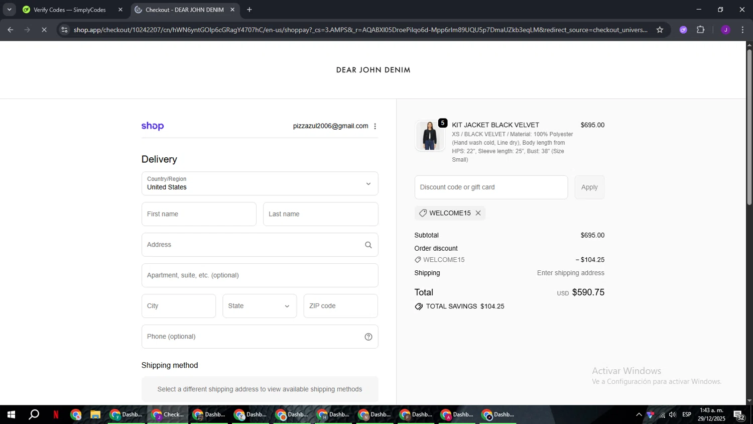 Dear John Denim promo code screenshot showing code WELCOME15 applied at Dear John Denim checkout page. Uploaded by SimplyCodes community member ComeBurra123 on Dec 29, 2025