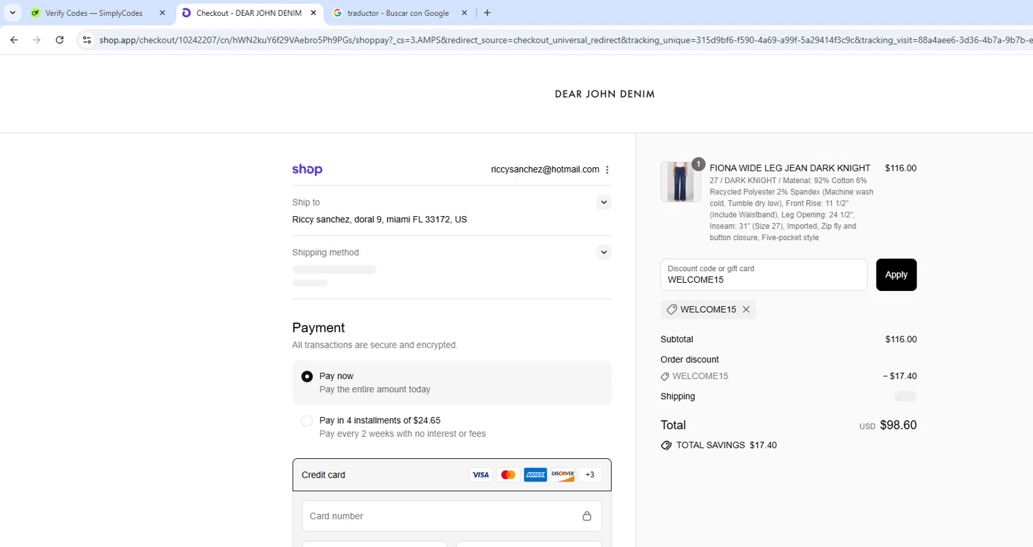 Dear John Denim promo code screenshot showing code WELCOME15 applied at Dear John Denim checkout page. Uploaded by SimplyCodes community member ShieldWarden5142 on Sep 8, 2025
