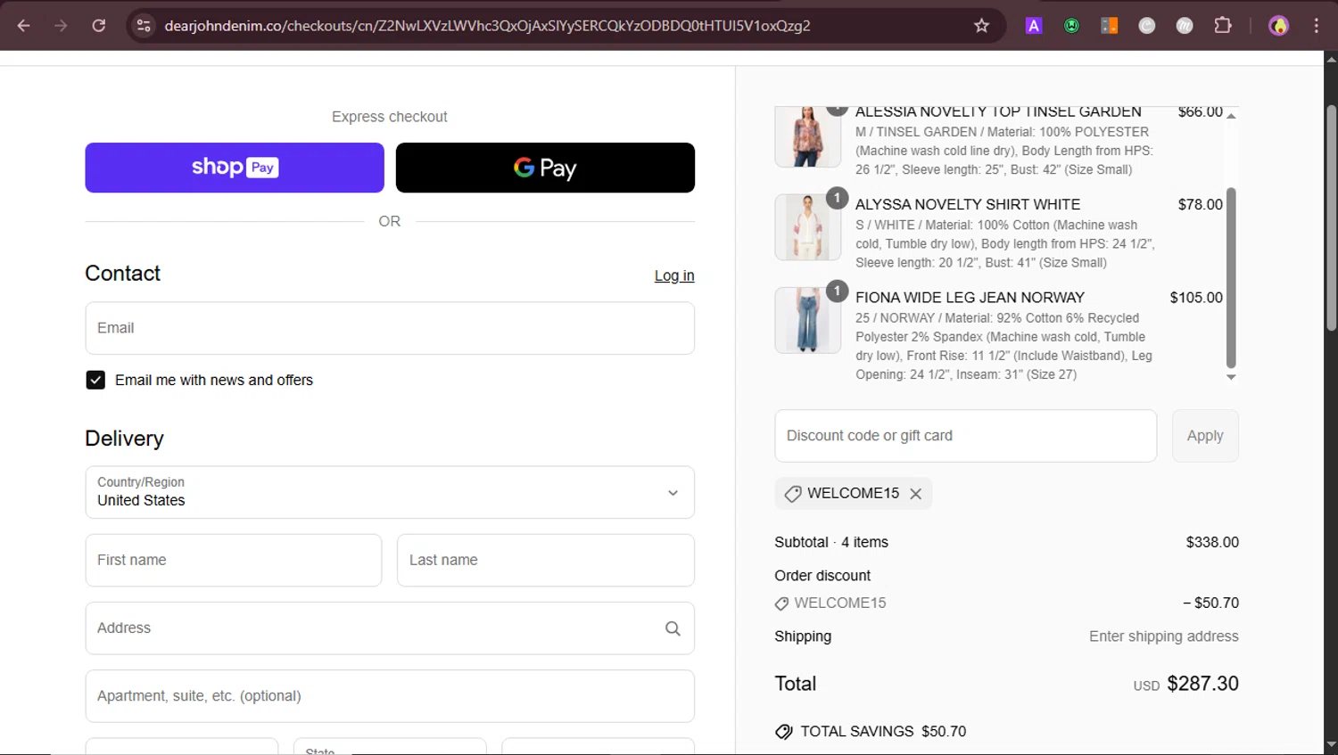 Dear John Denim promo code screenshot showing code WELCOME15 applied at Dear John Denim checkout page. Uploaded by SimplyCodes community member PrincessCoupon on May 12, 2025