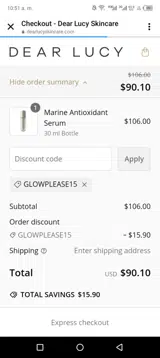 Glowplease15 coupon verification screenshot