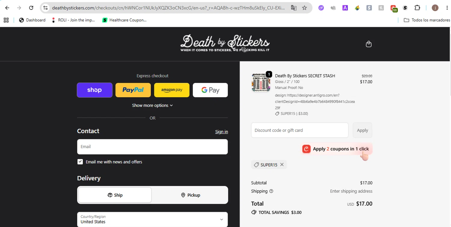 Death By Stickers promo code screenshot showing code SUPER15 applied at Death By Stickers checkout page. Uploaded by SimplyCodes community member Jose29 on Jun 1, 2026