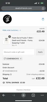 COMENBACK10 coupon verification screenshot