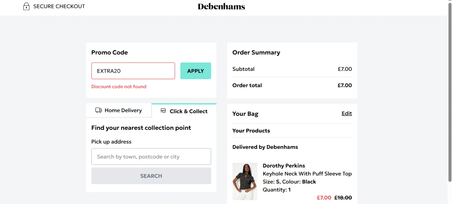Debenhams discount code screenshot showing code EXTRA20 applied at Debenhams checkout page. Uploaded by SimplyCodes community member BrilliantFalcon6936 on Aug 26, 2025
