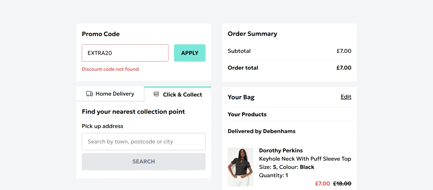 Debenhams discount code screenshot showing code EXTRA20 applied at Debenhams checkout page. Uploaded by SimplyCodes community member BrilliantRanger2465 on Aug 26, 2025
