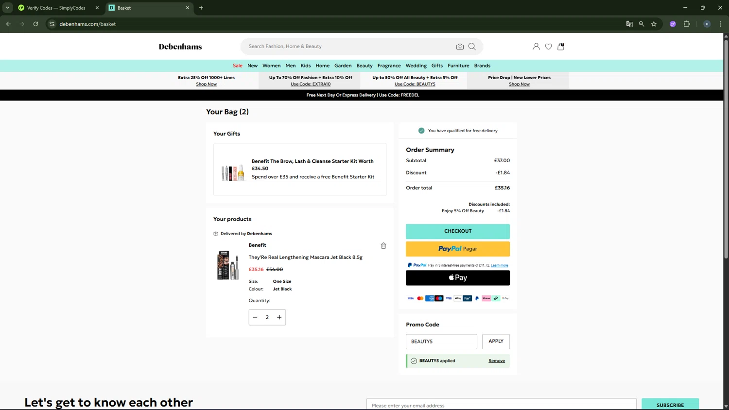 Debenhams promo code screenshot showing code BEAUTY5 applied at Debenhams checkout page. Uploaded by SimplyCodes community member CouponAce2971 on Feb 20, 2026