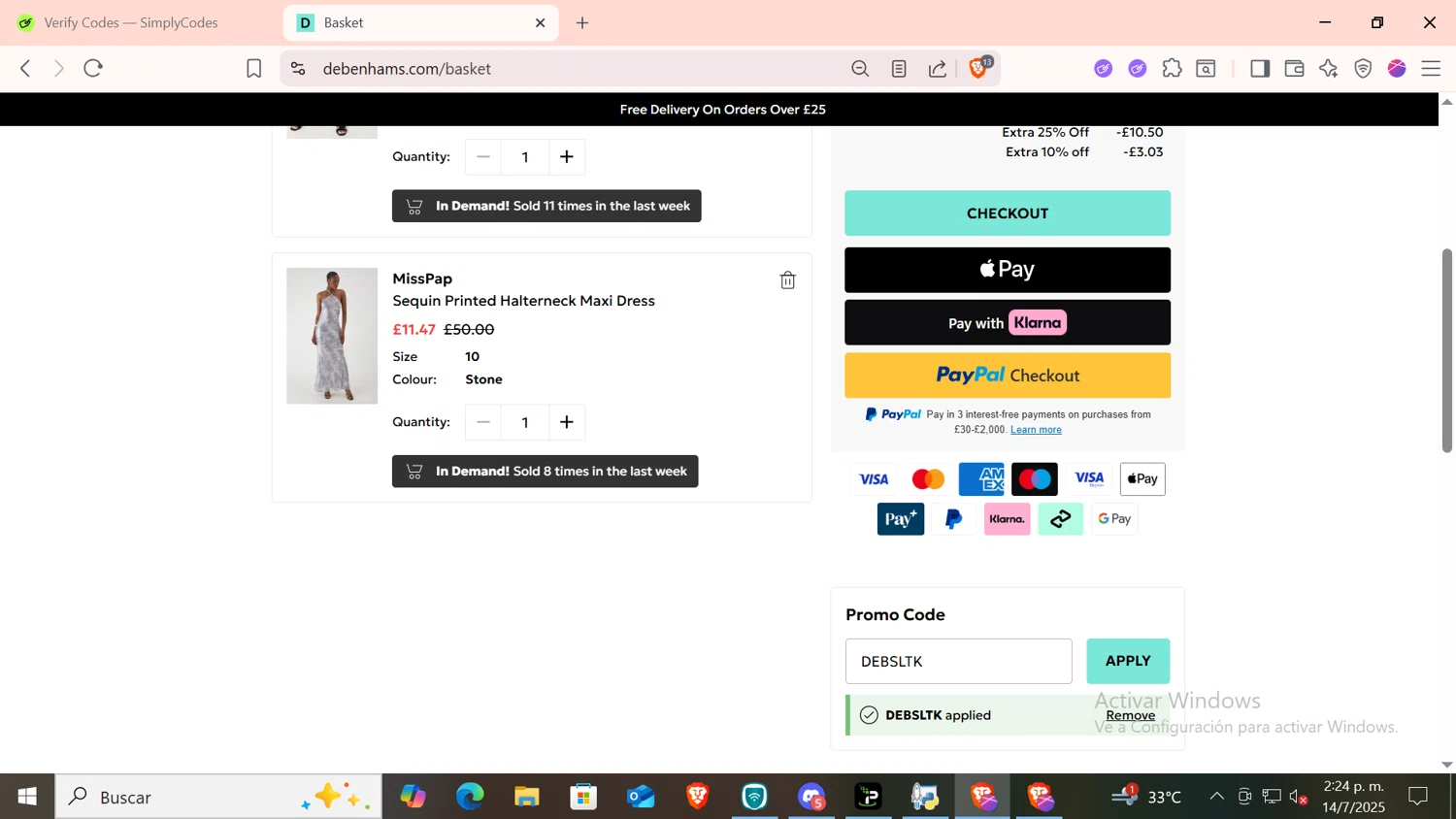 Debenhams discount code screenshot showing code DEBSLTK applied at Debenhams checkout page. Uploaded by SimplyCodes community member SKAYNE1 on Jul 14, 2025