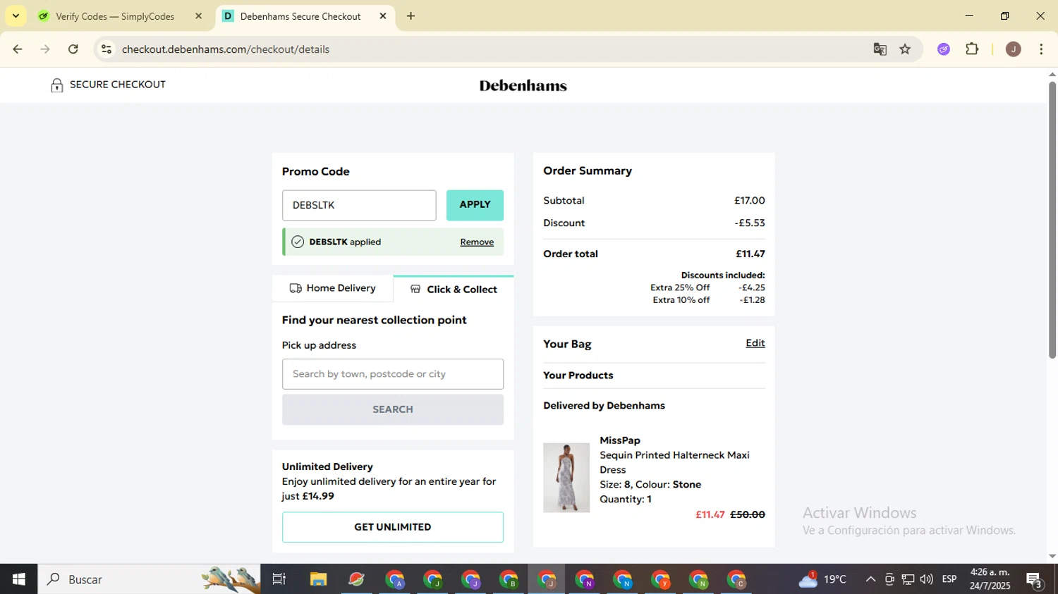 Debenhams discount code screenshot showing code DEBSLTK applied at Debenhams checkout page. Uploaded by SimplyCodes community member ValiantHero2365 on Jul 24, 2025