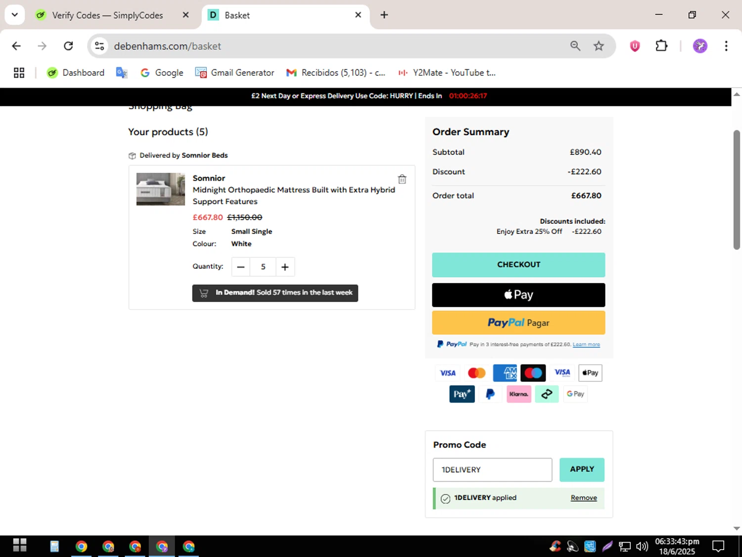 Debenhams discount code screenshot showing code 1DELIVERY applied at Debenhams checkout page. Uploaded by SimplyCodes community member CouponSentinel5832 on Jun 18, 2025