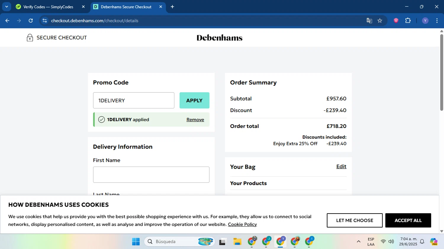 Debenhams discount code screenshot showing code 1DELIVERY applied at Debenhams checkout page. Uploaded by SimplyCodes community member LiaGGG on Jun 29, 2025
