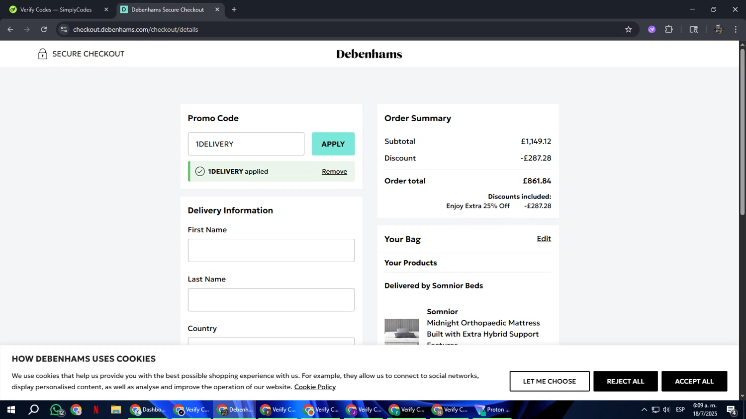 Debenhams discount code screenshot showing code 1DELIVERY applied at Debenhams checkout page. Uploaded by SimplyCodes community member xxdddd on Jul 18, 2025