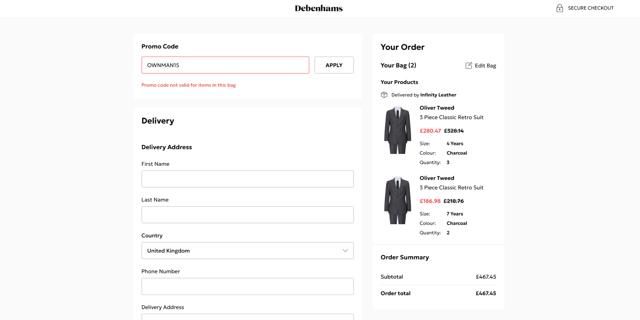 Debenhams checkout page showing Debenhams discount code box | Screenshot taken by SimplyCodes community member on Sep 7, 2025