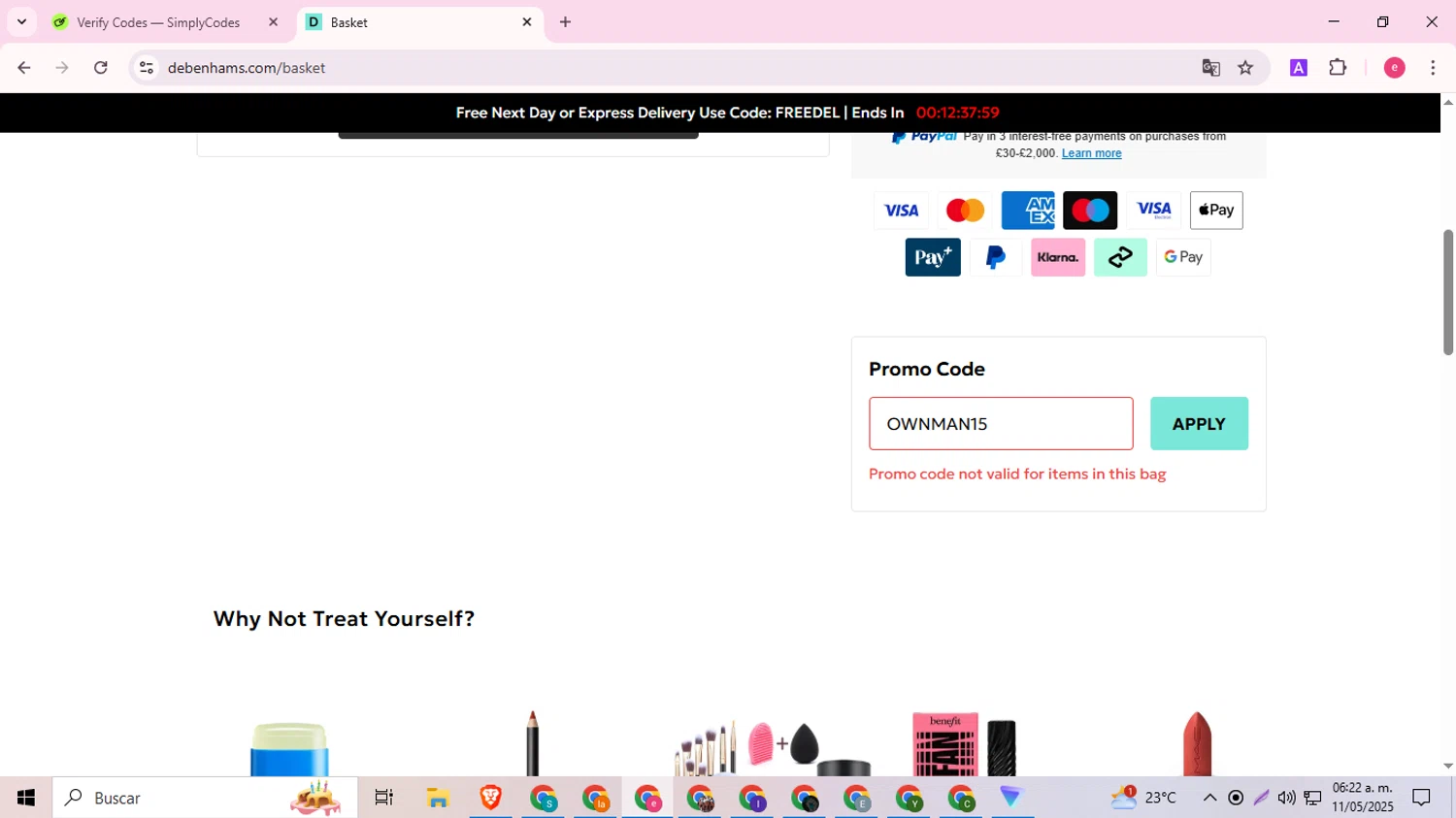 Debenhams discount code screenshot showing code OWNMAN15 applied at Debenhams checkout page. Uploaded by SimplyCodes community member Haaland on May 11, 2025