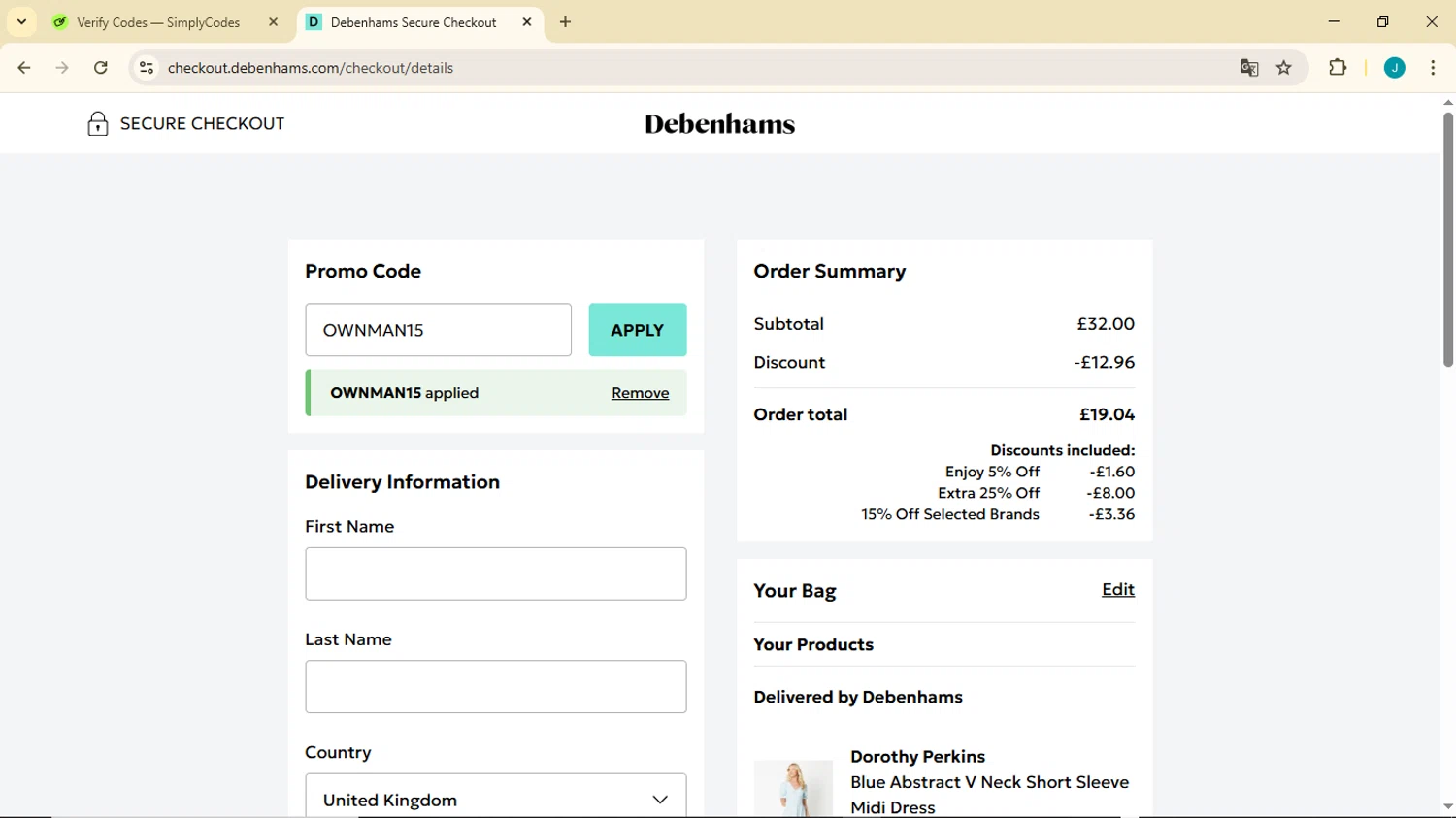 Debenhams discount code screenshot showing code OWNMAN15 applied at Debenhams checkout page. Uploaded by SimplyCodes community member GoldDefender3268 on Apr 30, 2025