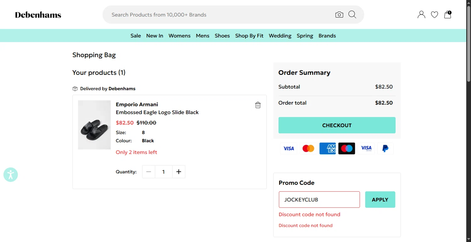Debenhams discount code screenshot showing code JOCKEYCLUB applied at Debenhams checkout page. Uploaded by SimplyCodes community member RewardLion6202 on Jul 24, 2025