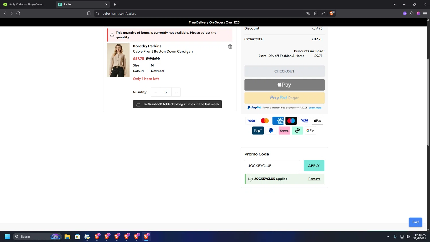 Debenhams discount code screenshot showing code JOCKEYCLUB applied at Debenhams checkout page. Uploaded by SimplyCodes community member PHYSICALTHERAPY on Jun 26, 2025