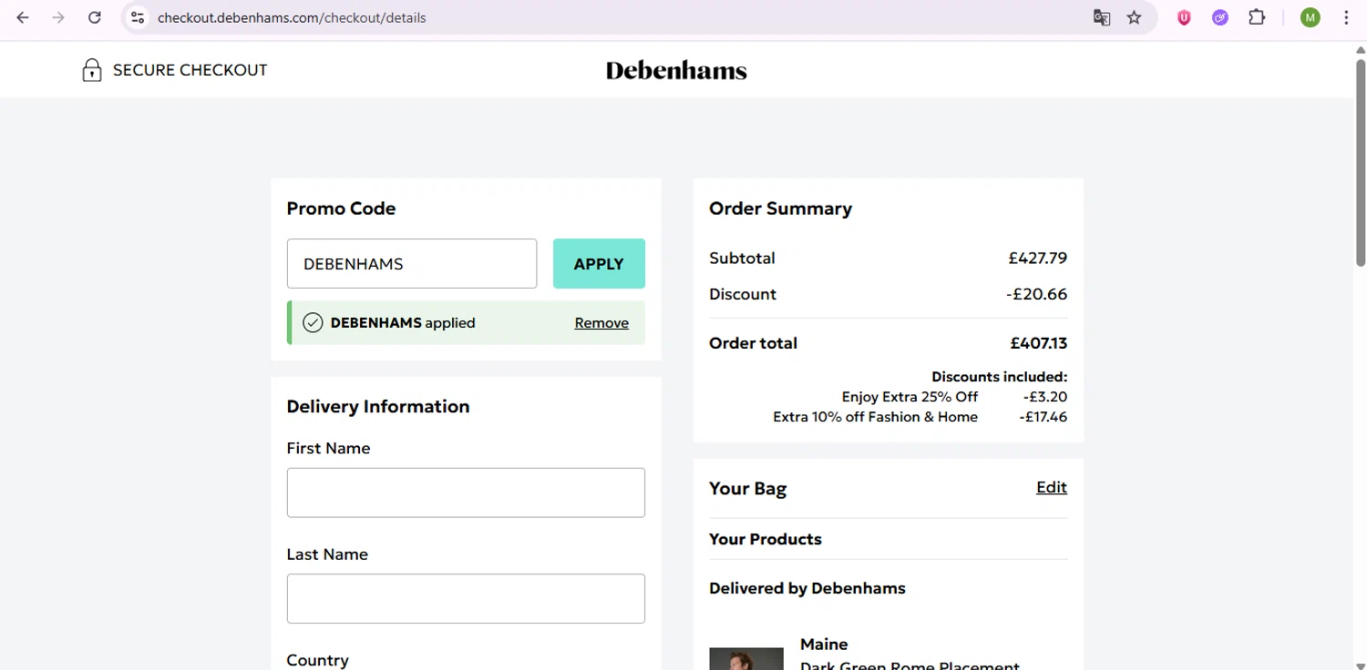 Debenhams discount code screenshot showing code DEBENHAMS applied at Debenhams checkout page. Uploaded by SimplyCodes community member SaleSentinel7319 on Aug 16, 2025