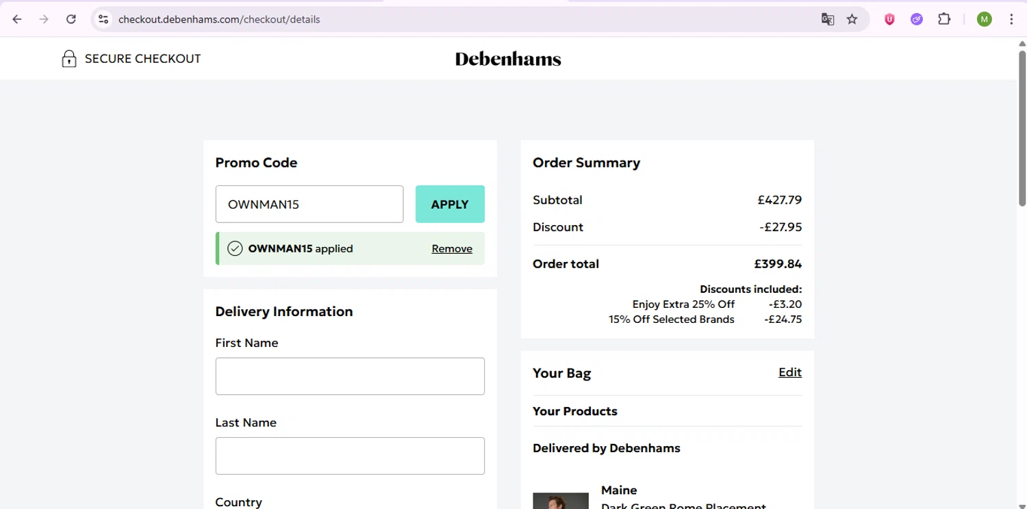 Debenhams discount code screenshot showing code OWNMAN15 applied at Debenhams checkout page. Uploaded by SimplyCodes community member SaleSentinel7319 on Aug 16, 2025