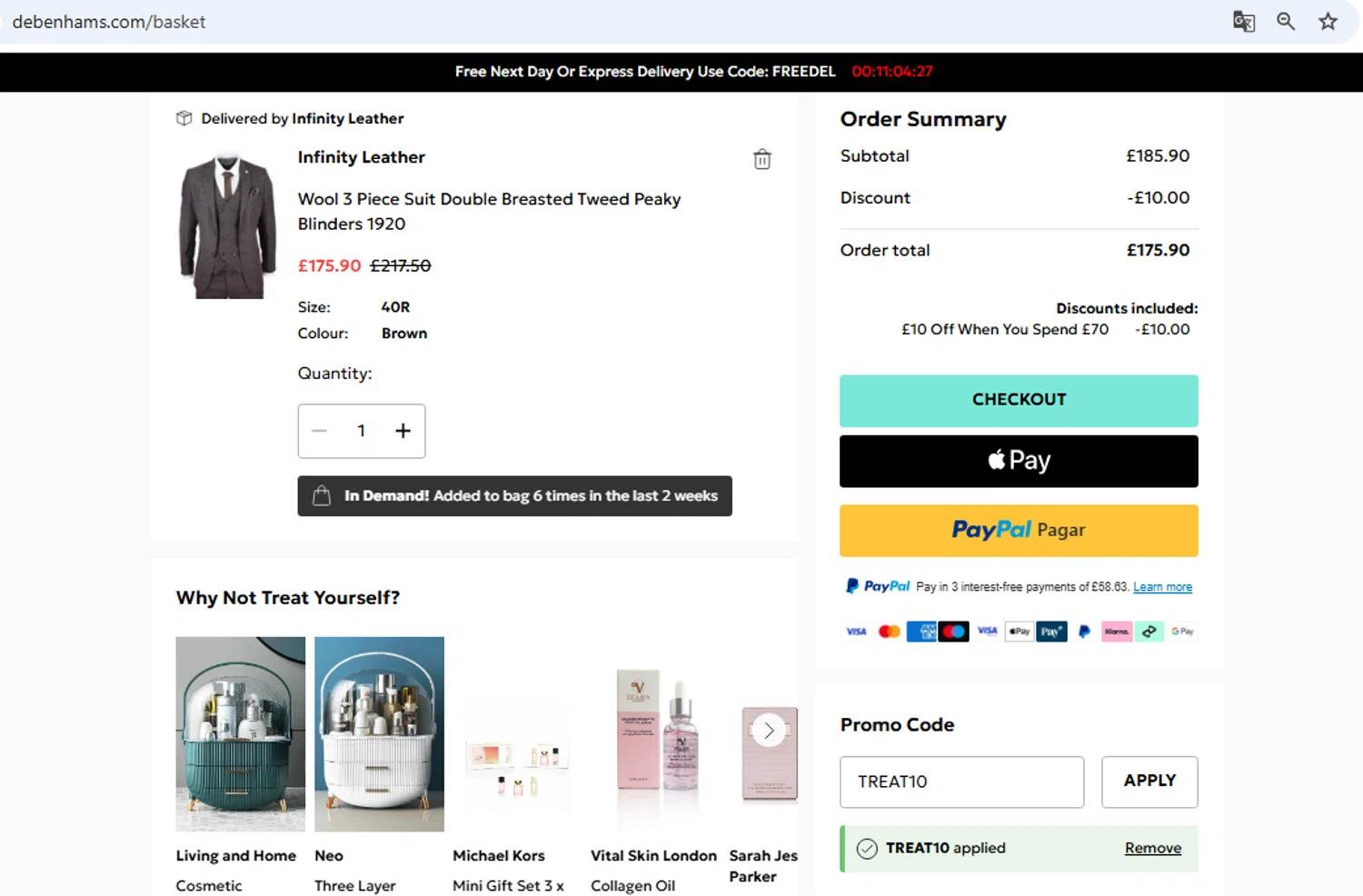 Debenhams discount code screenshot showing code TREAT10 applied at Debenhams checkout page. Uploaded by SimplyCodes community member THEPOWER on Aug 28, 2025
