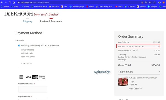 DeBragga checkout page showing DeBragga promo code box | Screenshot taken by SimplyCodes community member on Apr 14, 2021