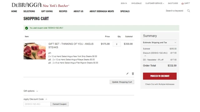 DeBragga checkout page showing DeBragga promo code box | Screenshot taken by SimplyCodes community member on May 9, 2021