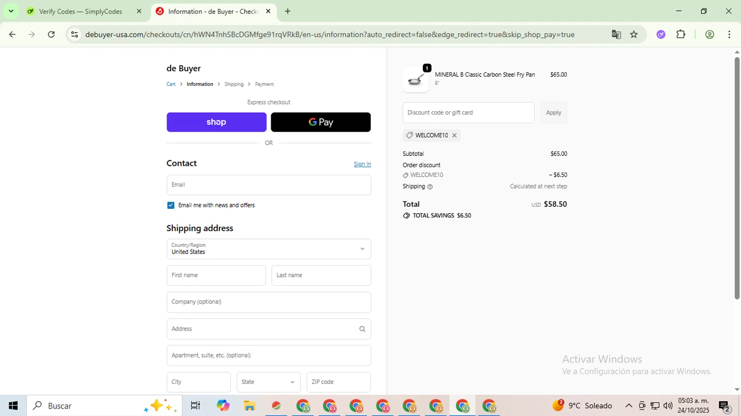 De Buyer USA promo code screenshot showing code WELCOME10 applied at De Buyer USA checkout page. Uploaded by SimplyCodes community member CoinHawk678 on Oct 24, 2025