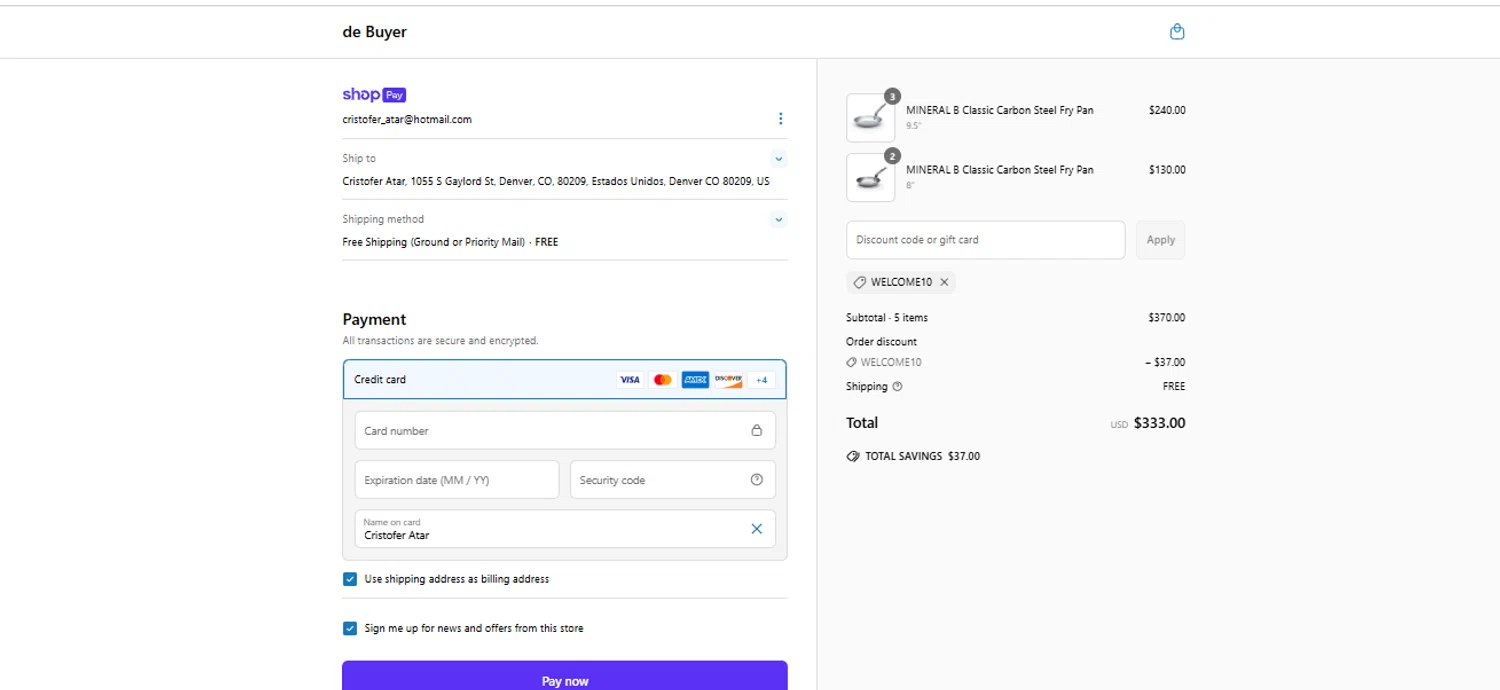 De Buyer USA promo code screenshot showing code WELCOME10 applied at De Buyer USA checkout page. Uploaded by SimplyCodes community member FundoKadmiel on Jun 14, 2025