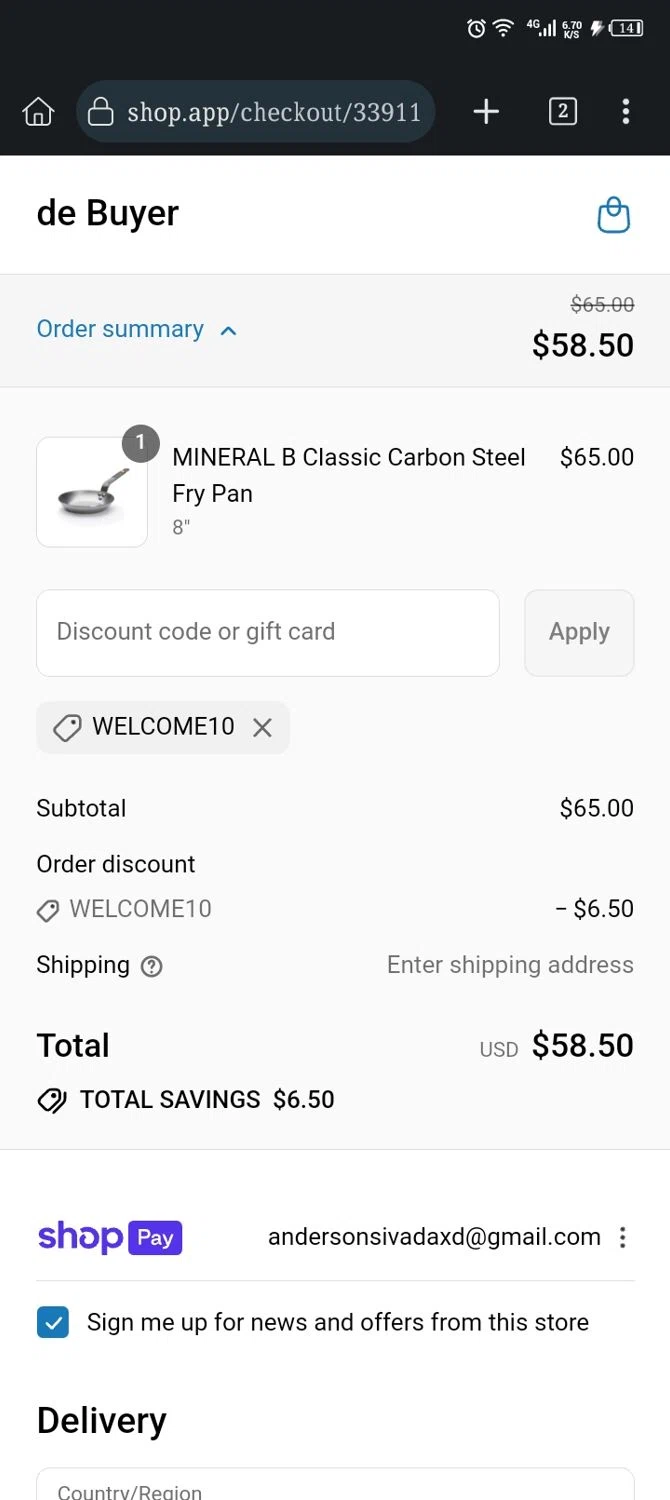 De Buyer USA promo code screenshot showing code WELCOME10 applied at De Buyer USA checkout page. Uploaded by SimplyCodes community member Diego_Soto on Aug 24, 2025