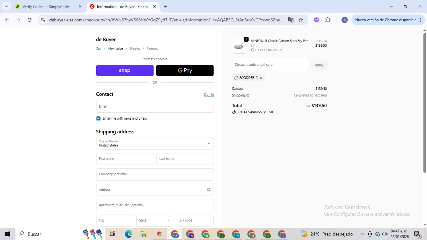 De Buyer USA promo code screenshot showing code FOODDEE10 applied at De Buyer USA checkout page. Uploaded by SimplyCodes community member TreasureCaptain5531 on Jan 28, 2026