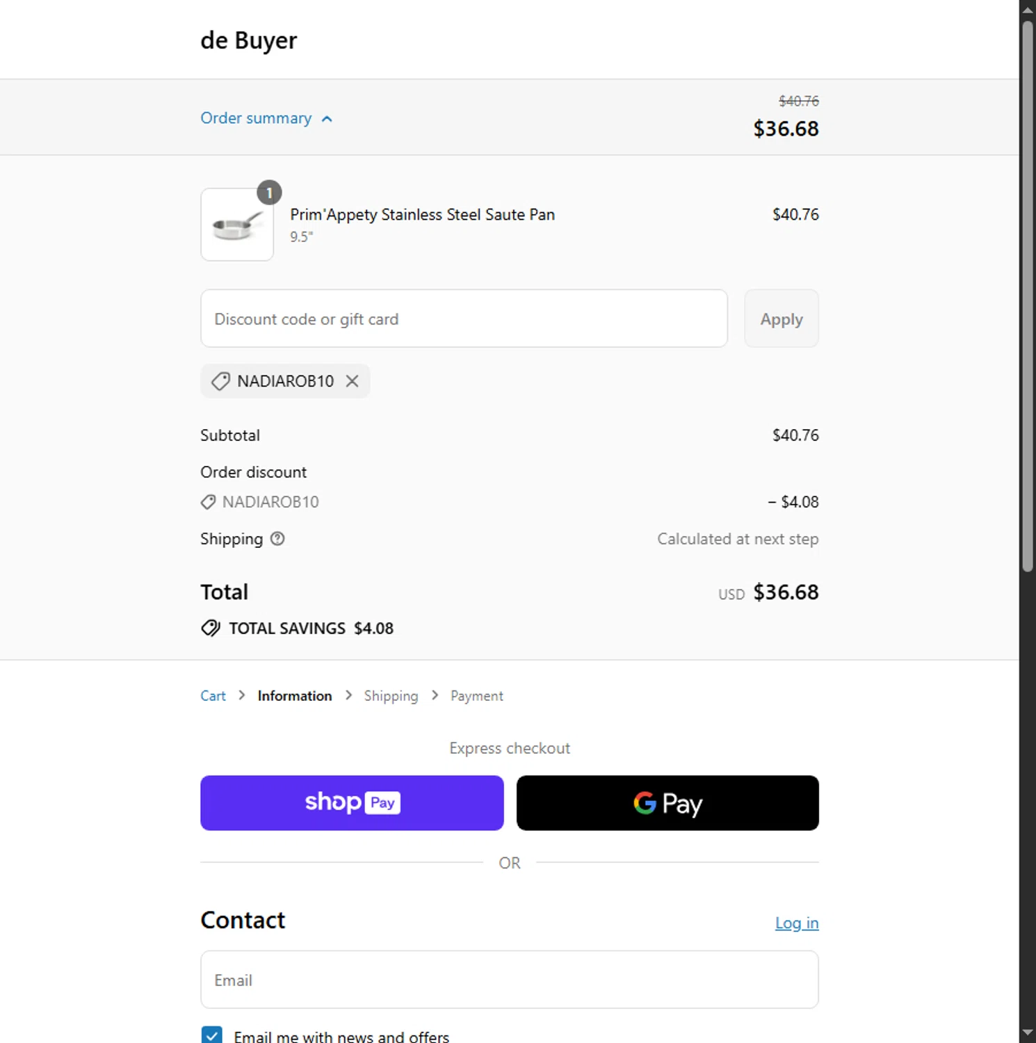De Buyer USA promo code screenshot showing code NADIAROB10 applied at De Buyer USA checkout page. Uploaded by SimplyCodes community member PennyScholar504 on Jul 20, 2025