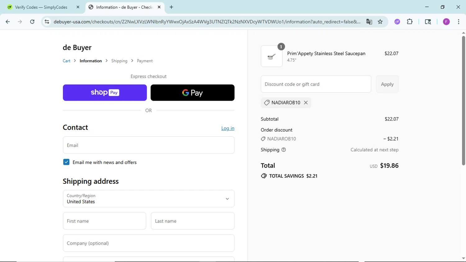 De Buyer USA promo code screenshot showing code NADIAROB10 applied at De Buyer USA checkout page. Uploaded by SimplyCodes community member ShieldTitan6985 on Jul 16, 2025