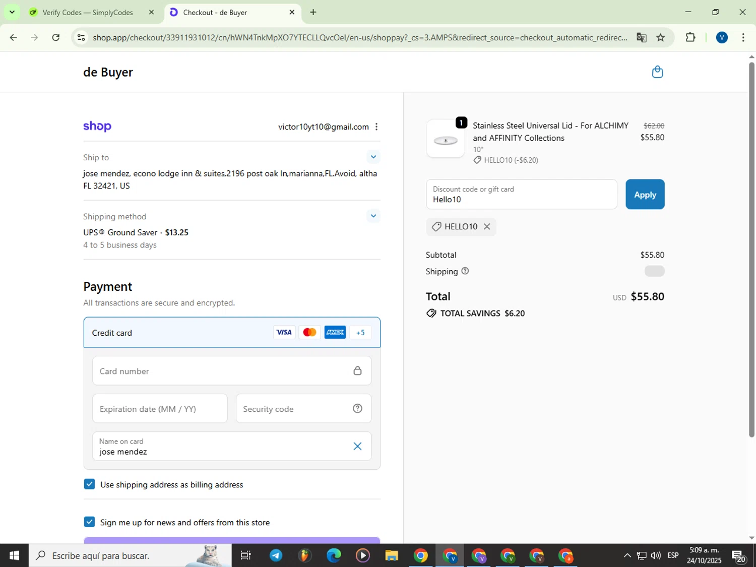 De Buyer USA promo code screenshot showing code Hello10 applied at De Buyer USA checkout page. Uploaded by SimplyCodes community member Garou_Y2K on Oct 24, 2025