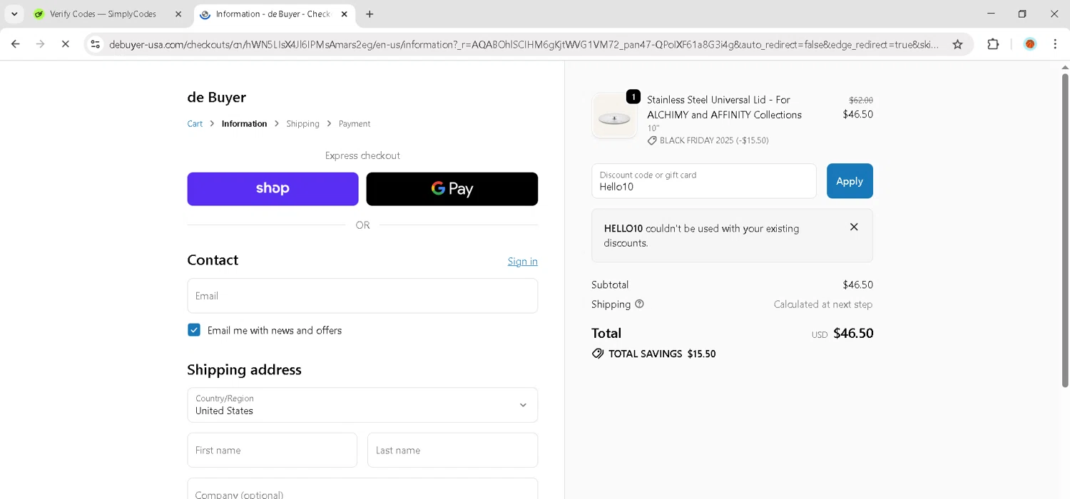 De Buyer USA promo code screenshot showing code Hello10 applied at De Buyer USA checkout page. Uploaded by SimplyCodes community member JosephStevens774 on Nov 16, 2025