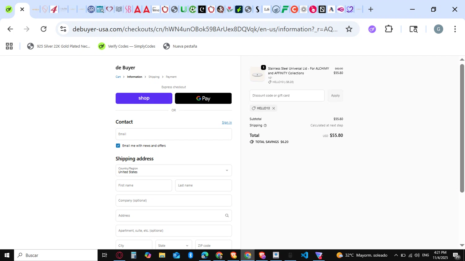 De Buyer USA promo code screenshot showing code Hello10 applied at De Buyer USA checkout page. Uploaded by SimplyCodes community member guest_623525963 on Nov 4, 2025