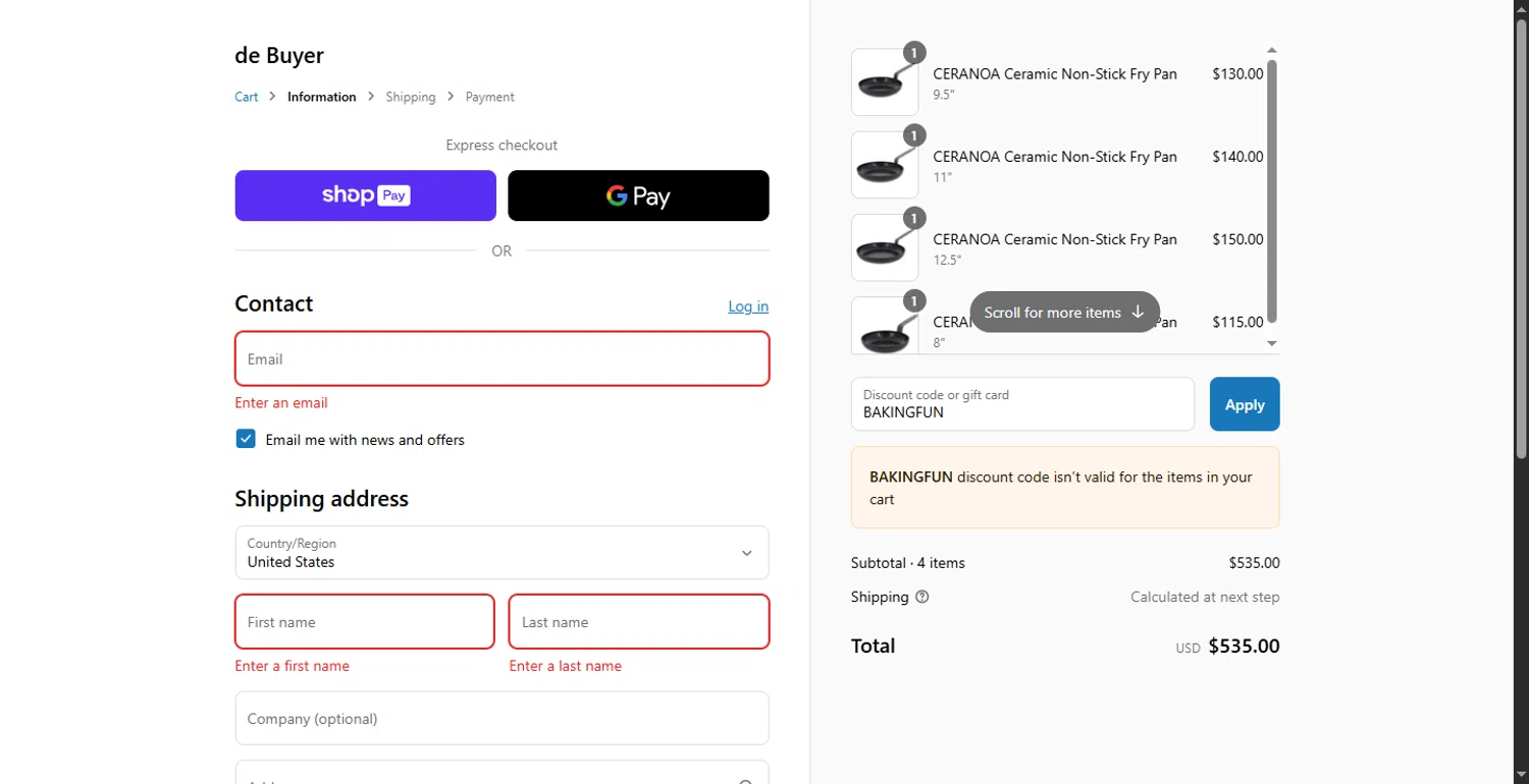 De Buyer USA promo code screenshot showing code BAKINGFUN applied at De Buyer USA checkout page. Uploaded by SimplyCodes community member RewardLion6202 on Jul 24, 2025