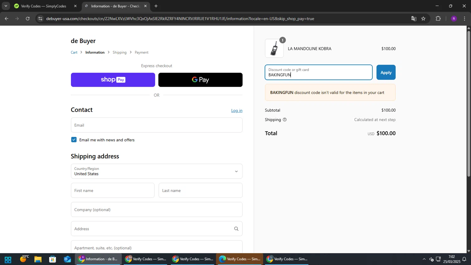 De Buyer USA promo code screenshot showing code BAKINGFUN applied at De Buyer USA checkout page. Uploaded by SimplyCodes community member TokenFox2691 on Mar 25, 2025