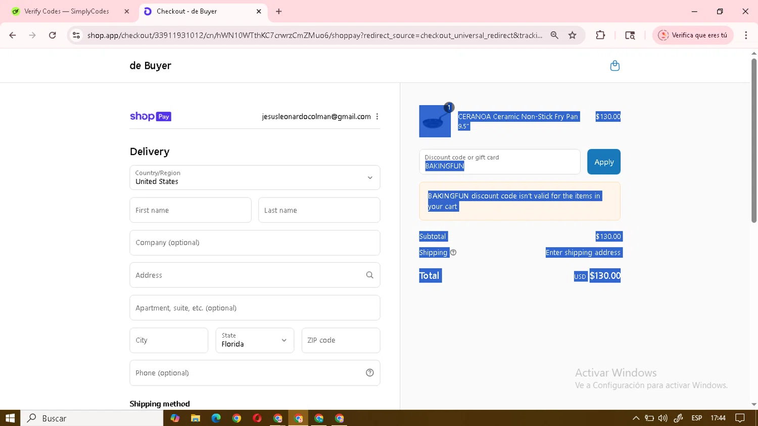 De Buyer USA promo code screenshot showing code BAKINGFUN applied at De Buyer USA checkout page. Uploaded by SimplyCodes community member junojuno on Jul 24, 2025