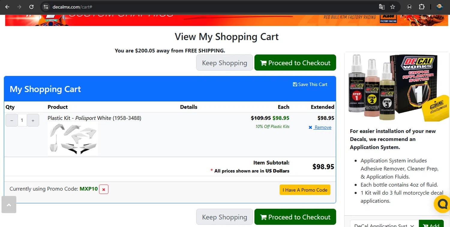 DeCal Works promo code screenshot showing code MXP10 applied at DeCal Works checkout page. Uploaded by SimplyCodes community member RoyalSpotter5217 on Mar 3, 2025