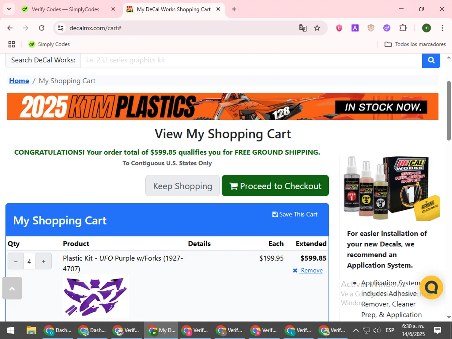 DeCal Works promo code screenshot showing code PP5 applied at DeCal Works checkout page. Uploaded by SimplyCodes community member VoucherCollector9196 on Jun 14, 2025